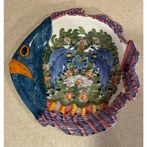 Vintage Hand-Painted Greek Fish Platter Peacock Floral Ceramic Tray Please read